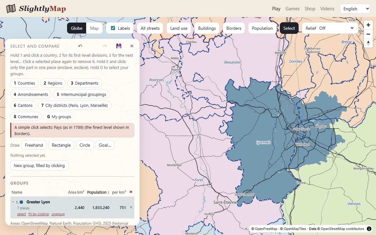 Greater Lyon built as a group of today’s districts and the old Lyonnais, over the provinces and pays of France in 1789