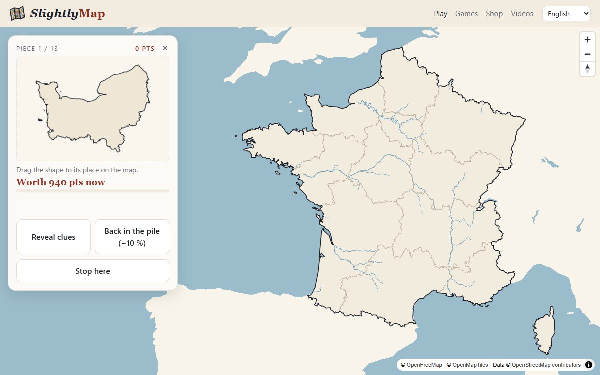 The puzzle of the regions of France, half solved, on the SlightlyMap board
